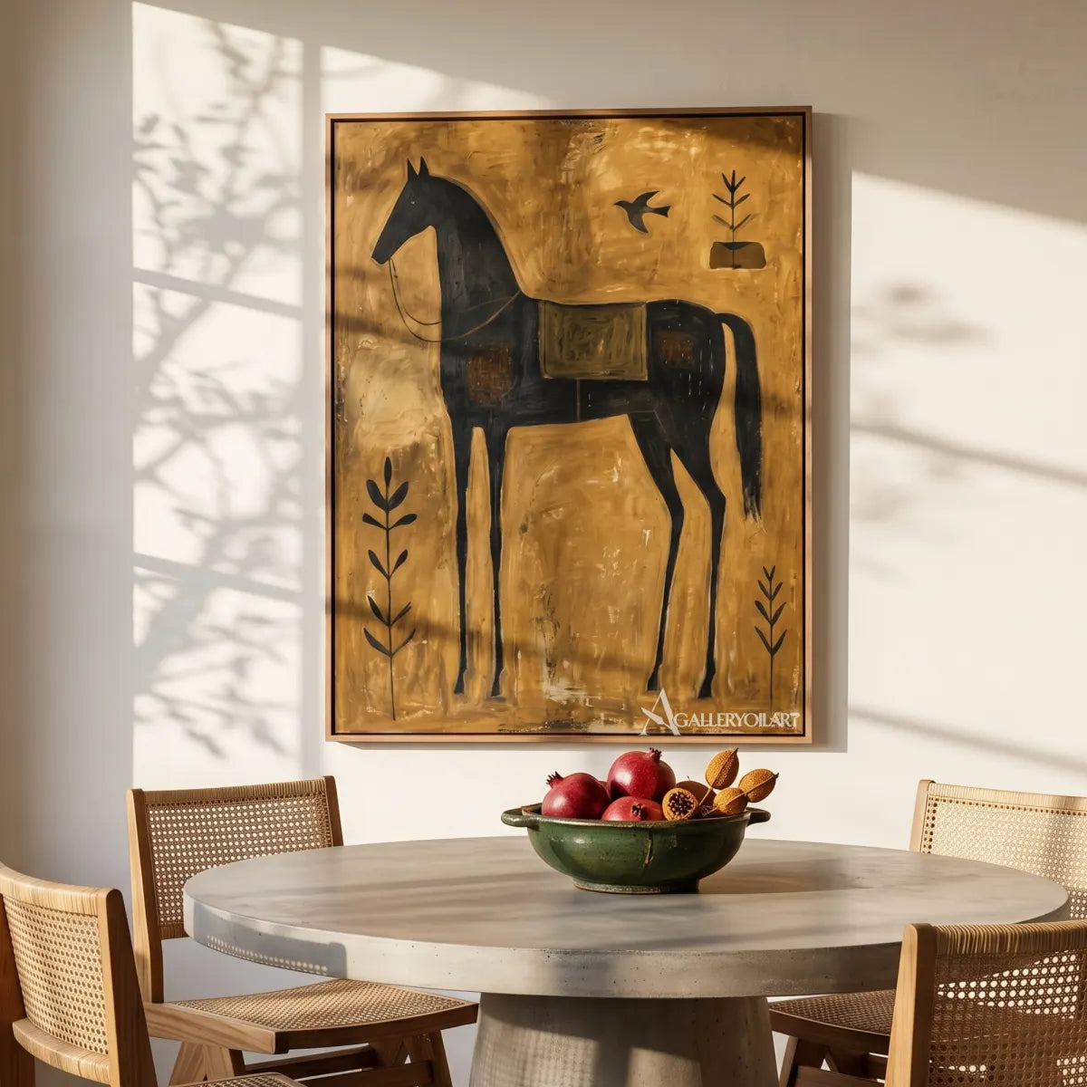 horse among quiet birds-animal-art-gold-wall-art-in-dining-space