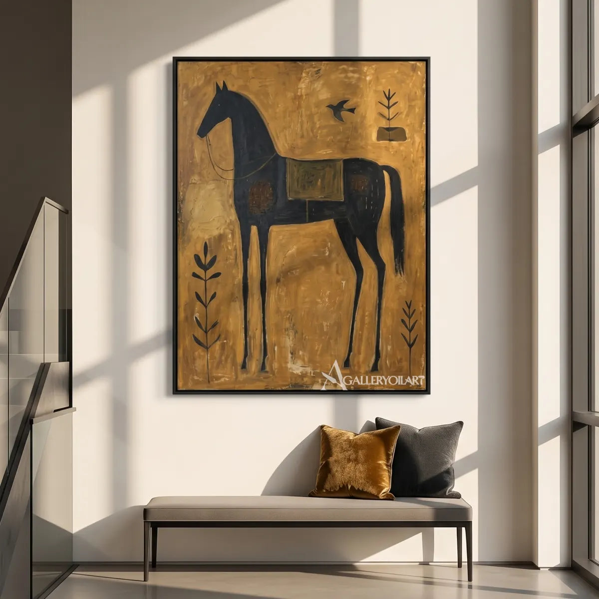 horse among quiet birds-animal-art-gold-wall-art-in-gallery