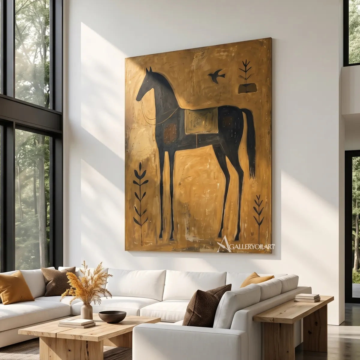 horse among quiet birds-animal-art-gold-wall-art-in-living-room