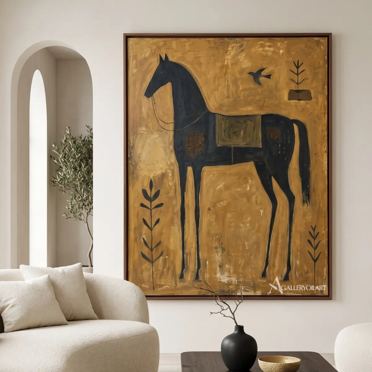horse among quiet birds-animal-art-gold-wall-art-in-minimalist-living-room