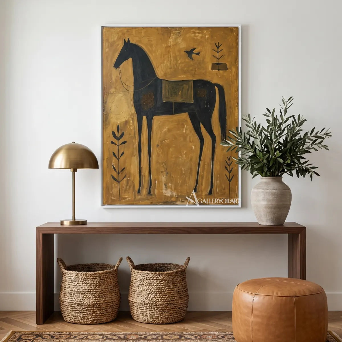 horse among quiet birds-animal-art-gold-wall-art-in-modern-entryway