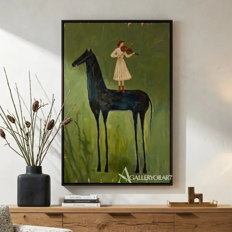 Large-black-horse-with-a-small-violinist-in-a-loose-green-field