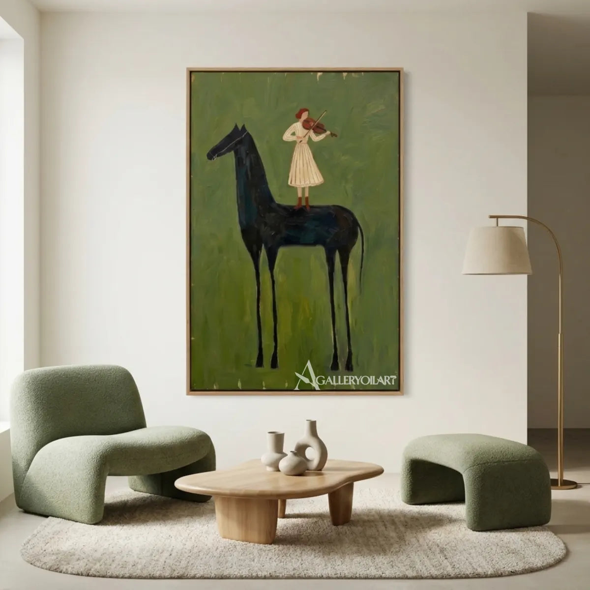 Large-dark-horse-and-violinist-composed-together-in-a-green-landscape