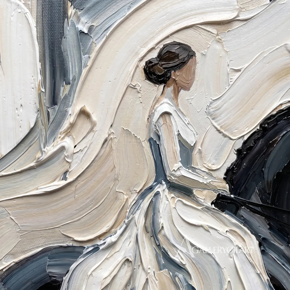 Woman-and-dark-horse-in-portrait-art-white-and-gray-in-close-up-detail