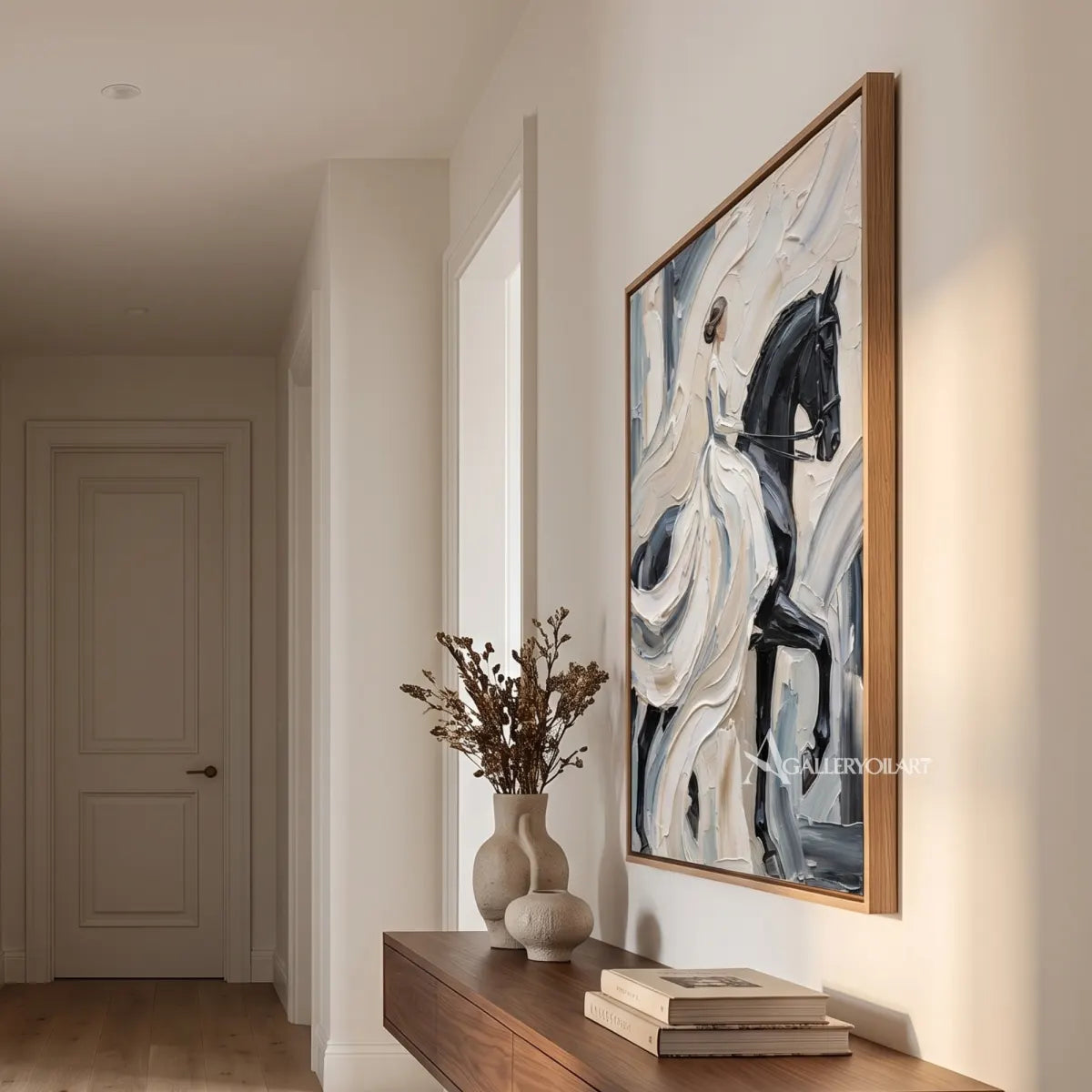 Woman-and-dark-horse-in-portrait-art-white-and-gray-in-corridor