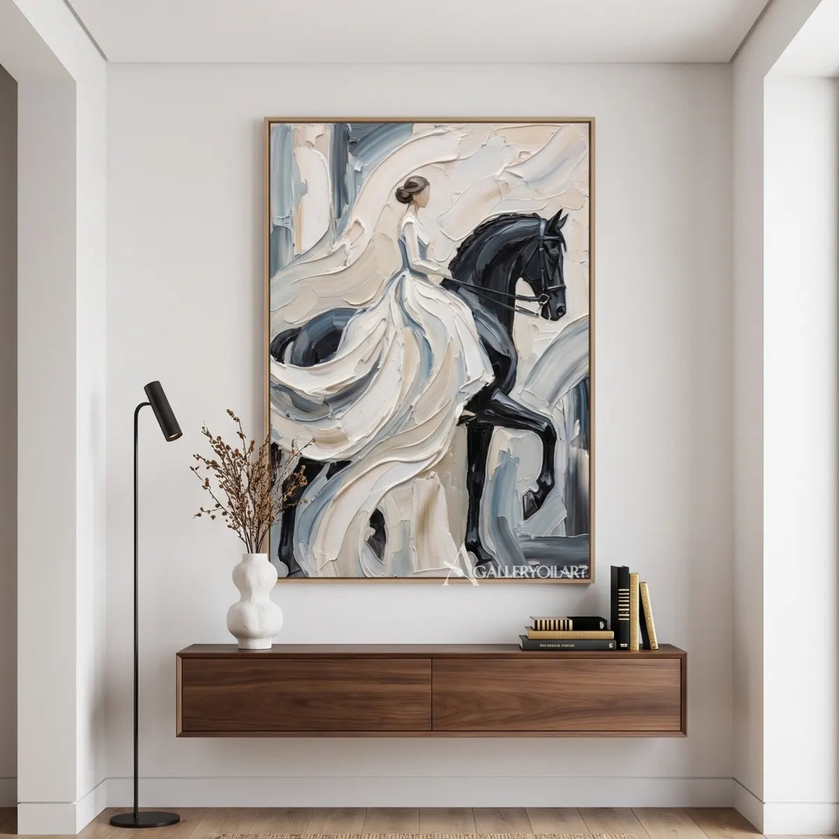 Woman-and-dark-horse-in-portrait-art-white-and-gray-in-entryway