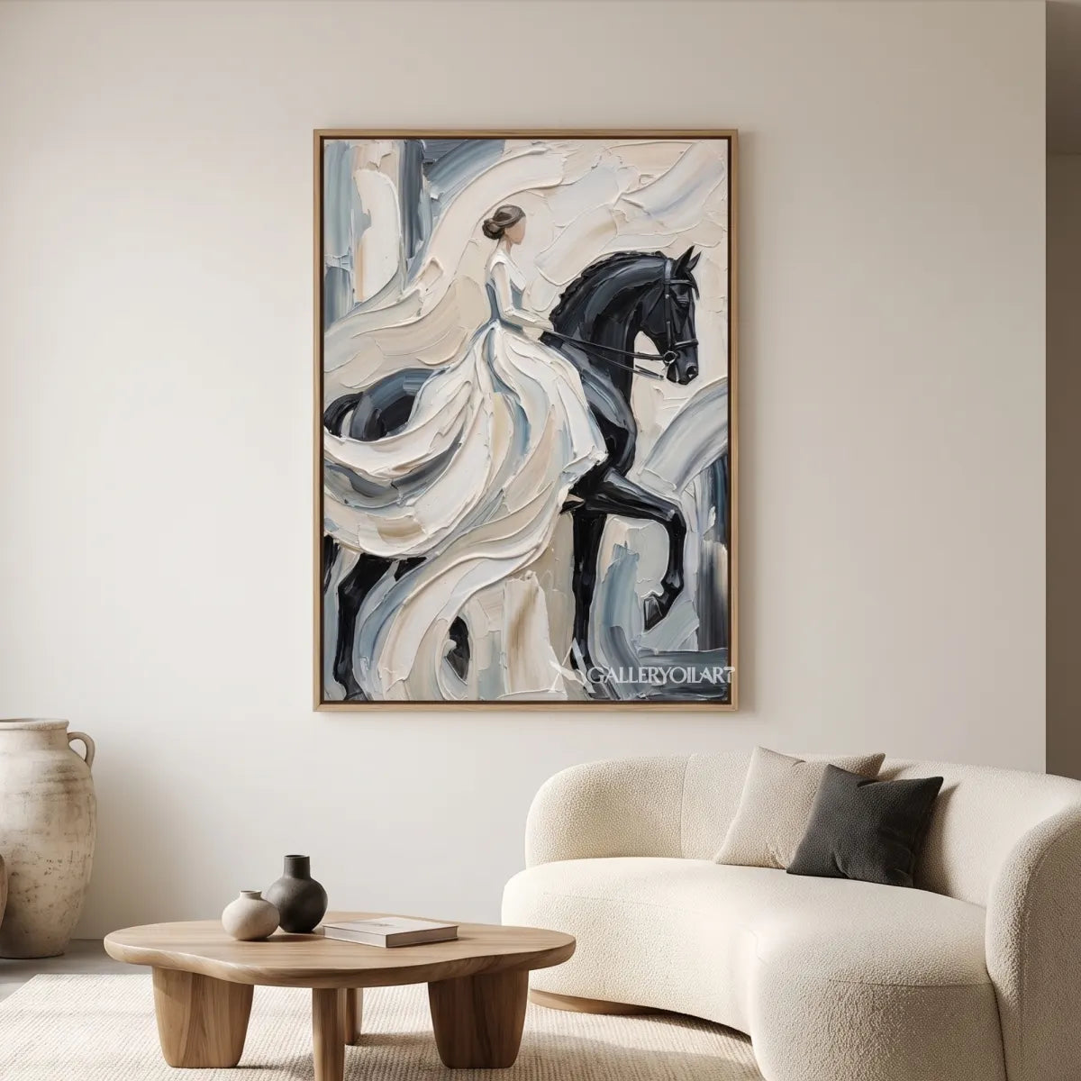 Woman-and-dark-horse-in-portrait-art-white-and-gray-in-gallery