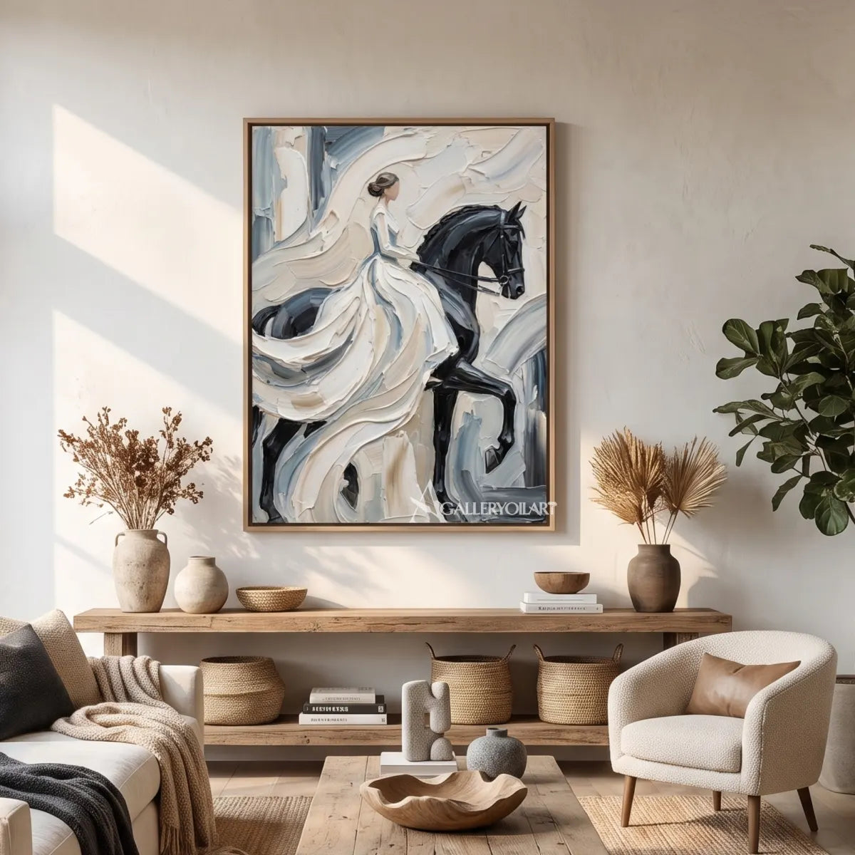 Woman-and-dark-horse-in-portrait-art-white-and-gray-in-gathering-room