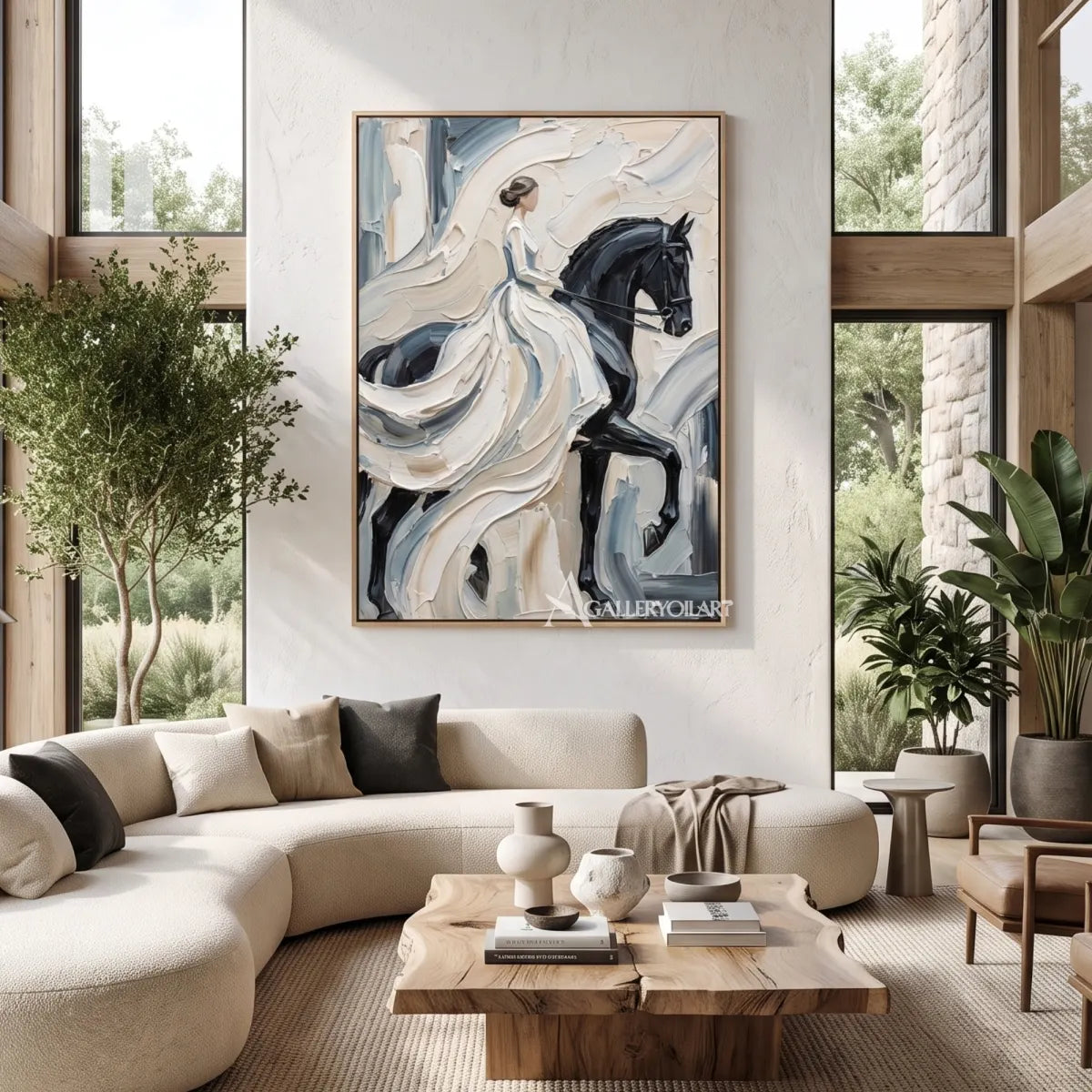 Woman-and-dark-horse-in-portrait-art-white-and-gray-in-living-room