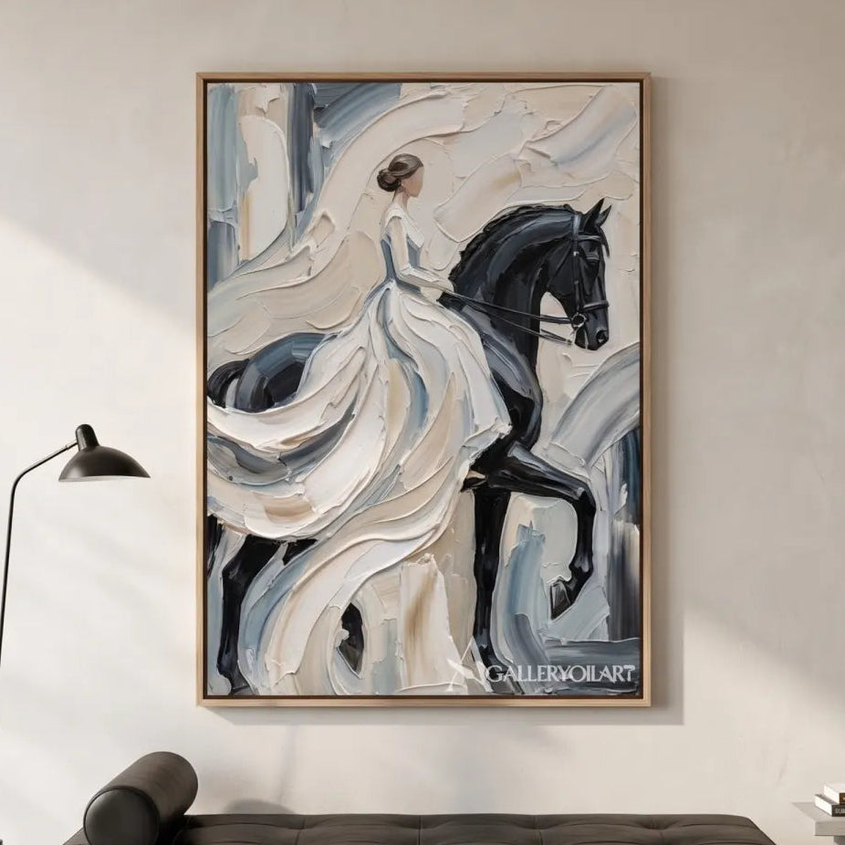 Woman-and-dark-horse-in-portrait-art-white-and-gray-in-minimalist-interior