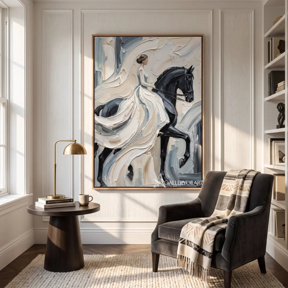 Woman-and-dark-horse-in-portrait-art-white-and-gray-in-reading-nook
