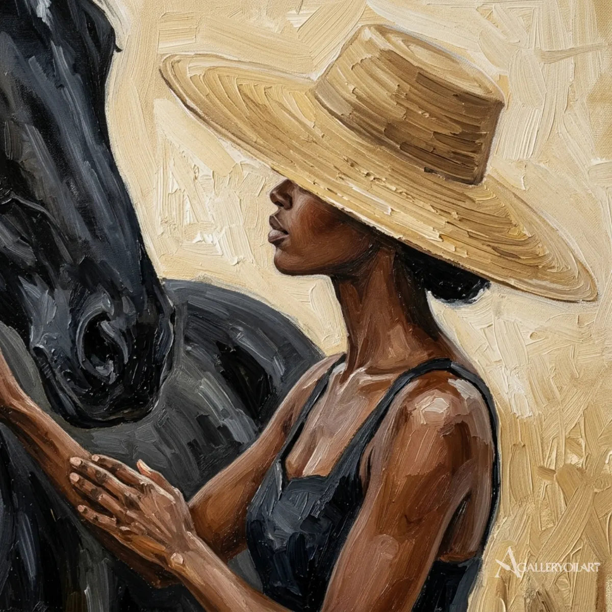 Close-view-of-woman-in-a-wide-hat-beside-the-black-horse