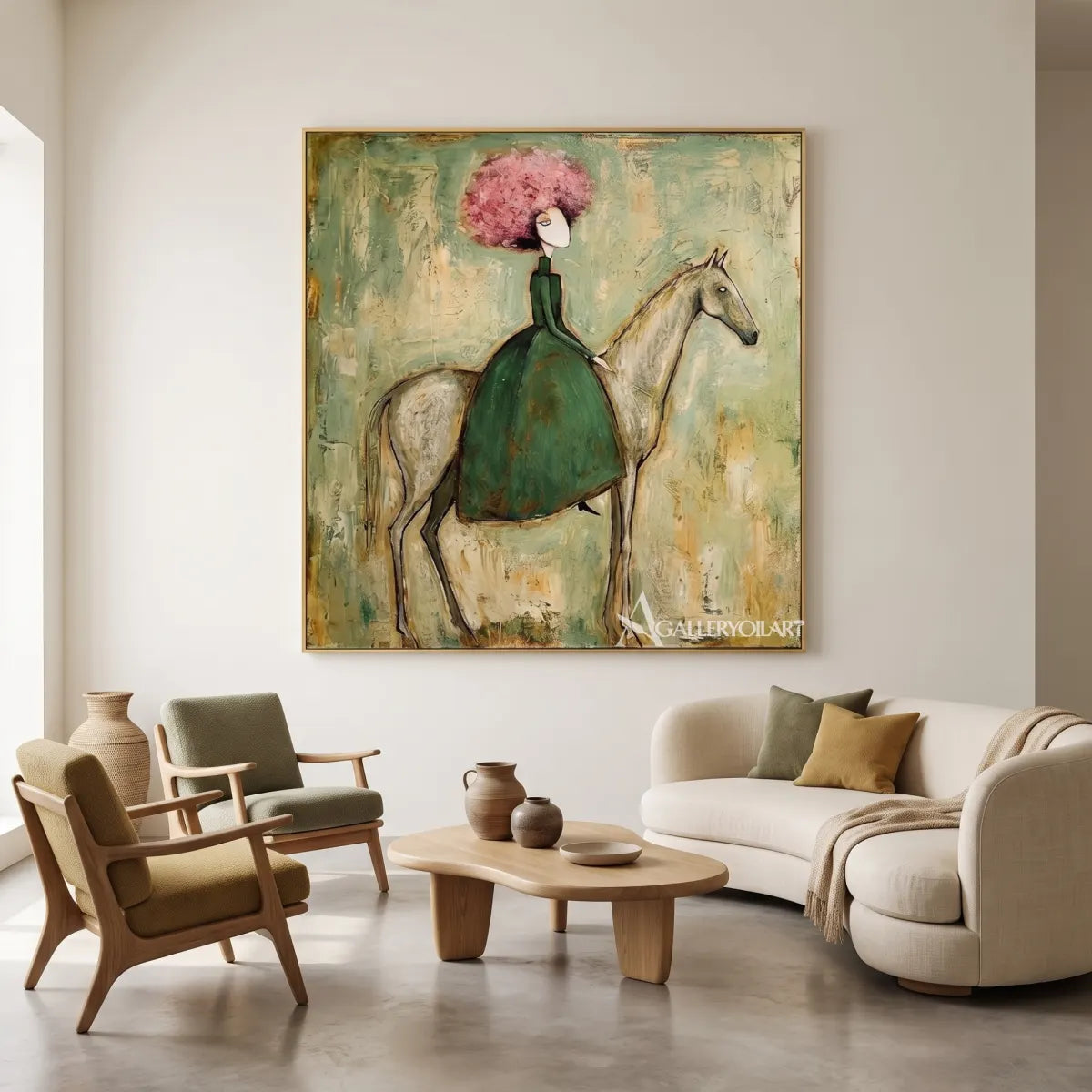 horse-and-seated-rider-with-pink-blossoms-western-cowboy-art-green-and-pink-wall-art-in-a-bright-living-room