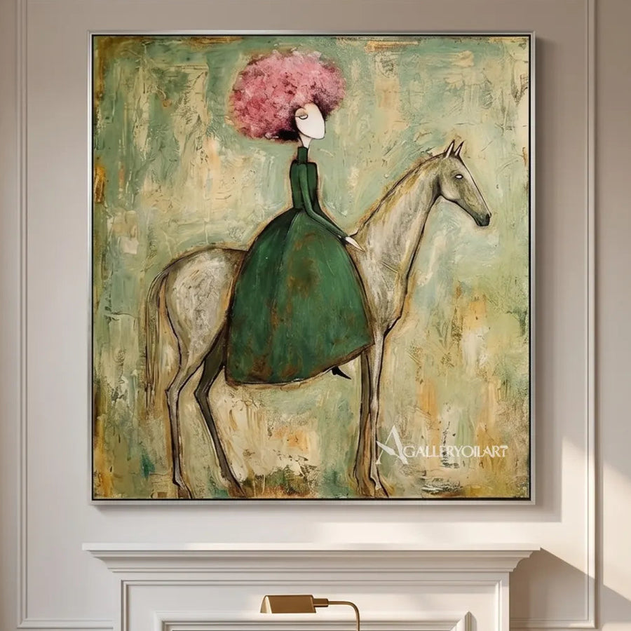 horse-and-seated-rider-with-pink-blossoms-western-cowboy-art-green-and-pink-wall-art-above-a-fireplace