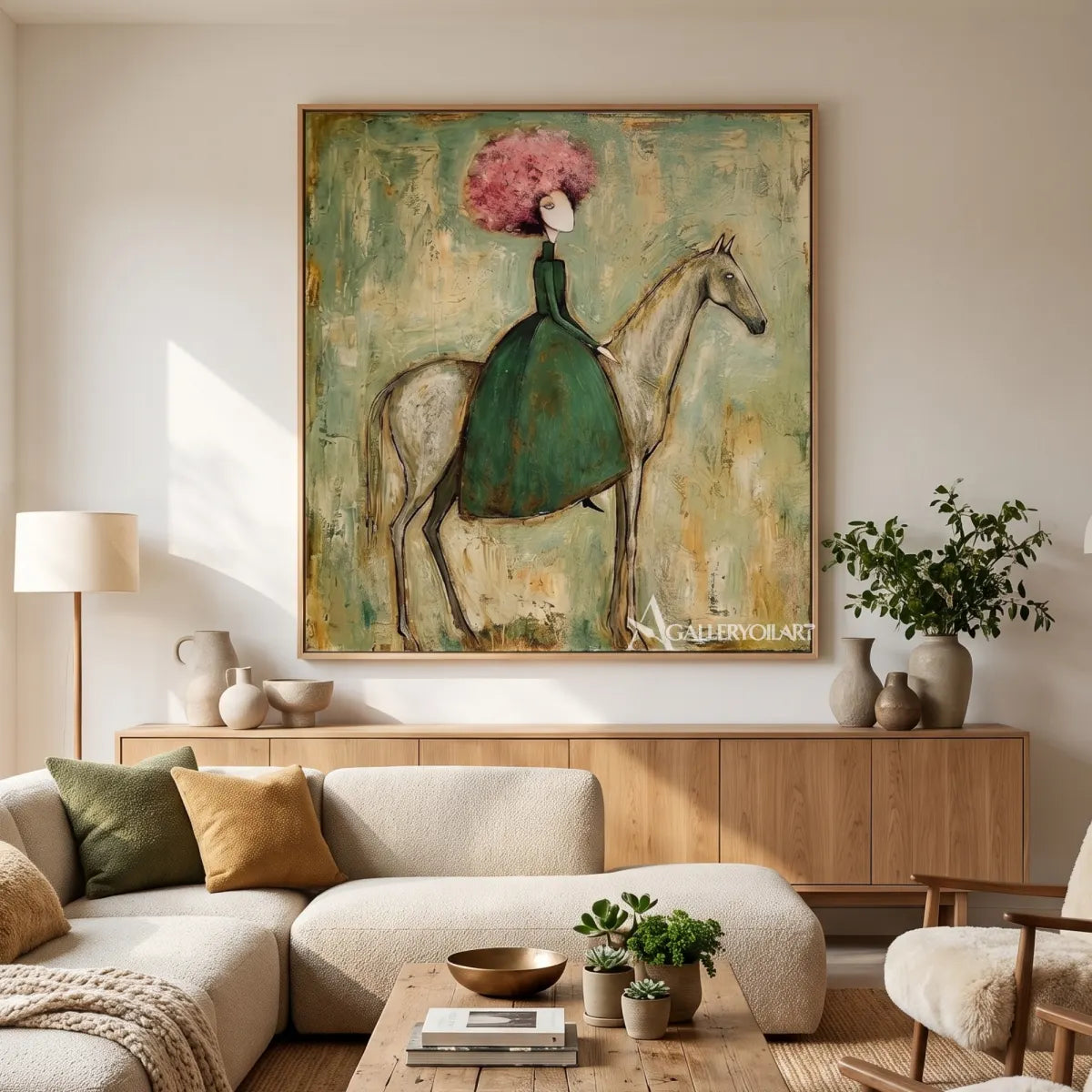 horse-and-seated-rider-with-pink-blossoms-western-cowboy-art-green-and-pink-wall-art-in-a-warm-living-room