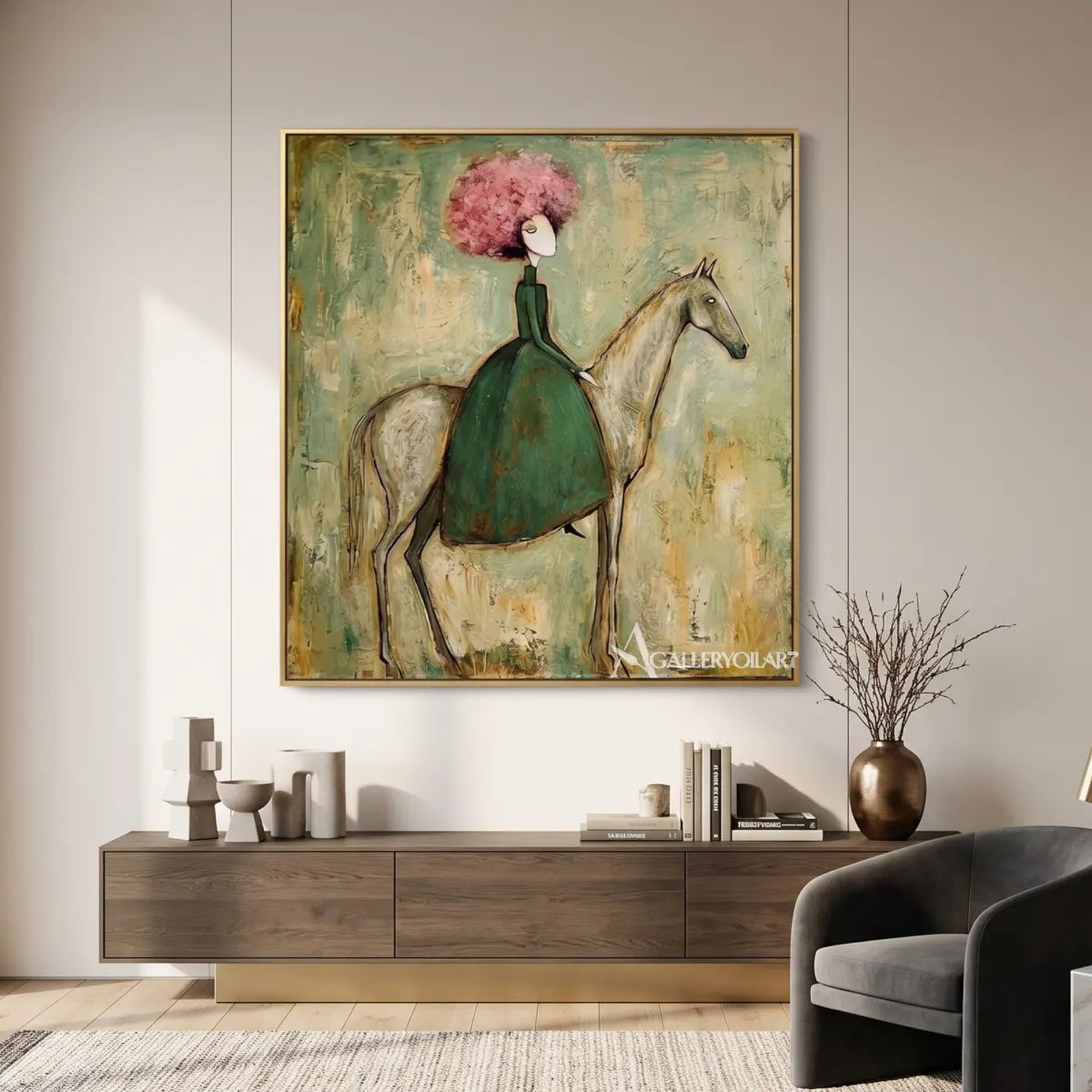 horse-and-seated-rider-with-pink-blossoms-western-cowboy-art-green-and-pink-wall-art-in-a-minimal-room