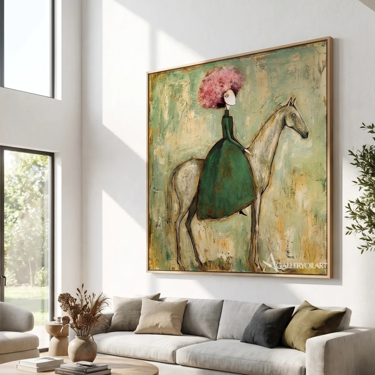 horse-and-seated-rider-with-pink-blossoms-western-cowboy-art-green-and-pink-wall-art-viewed-at-an-angle