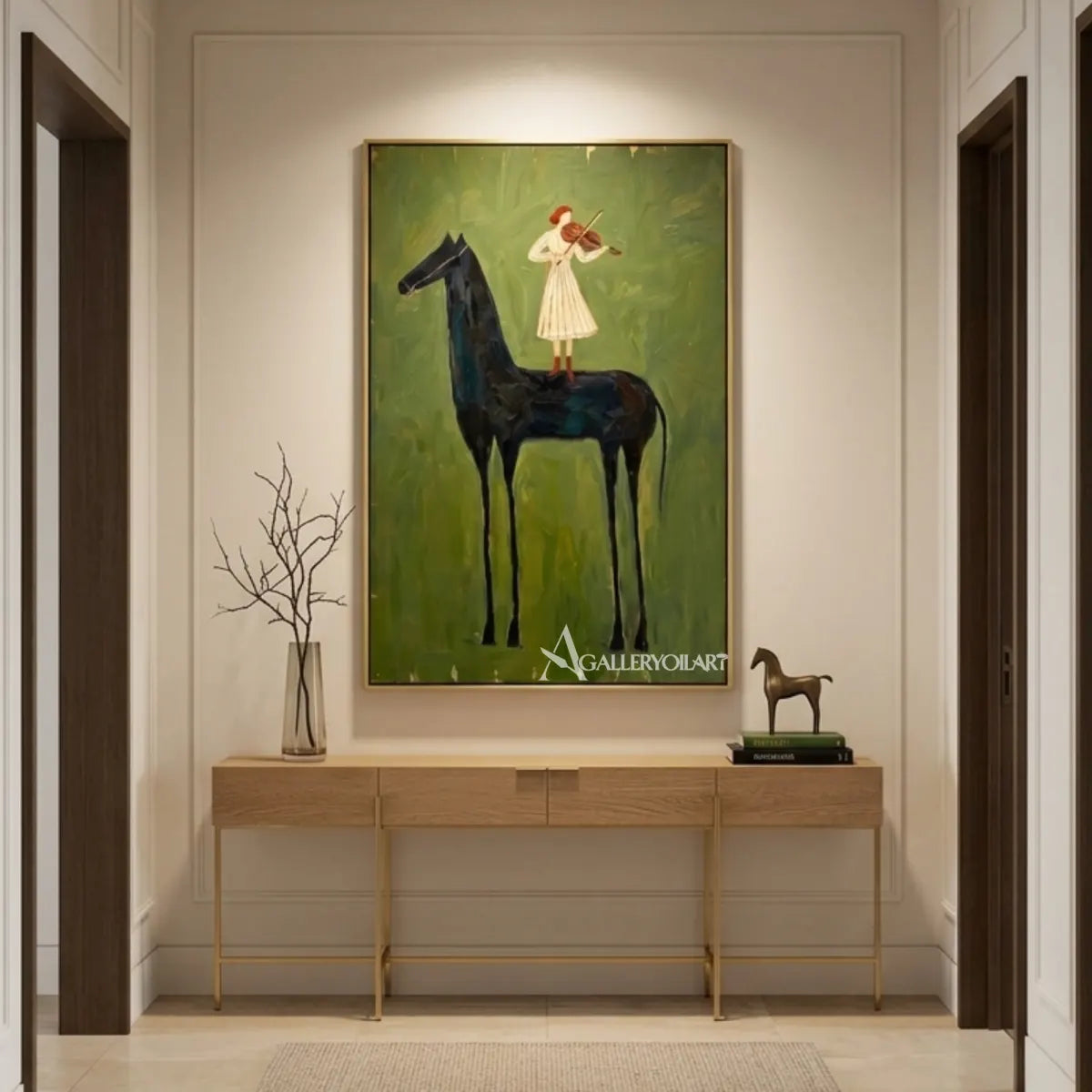 Black-horse-standing-beside-a-violinist-against-green-and-olive
