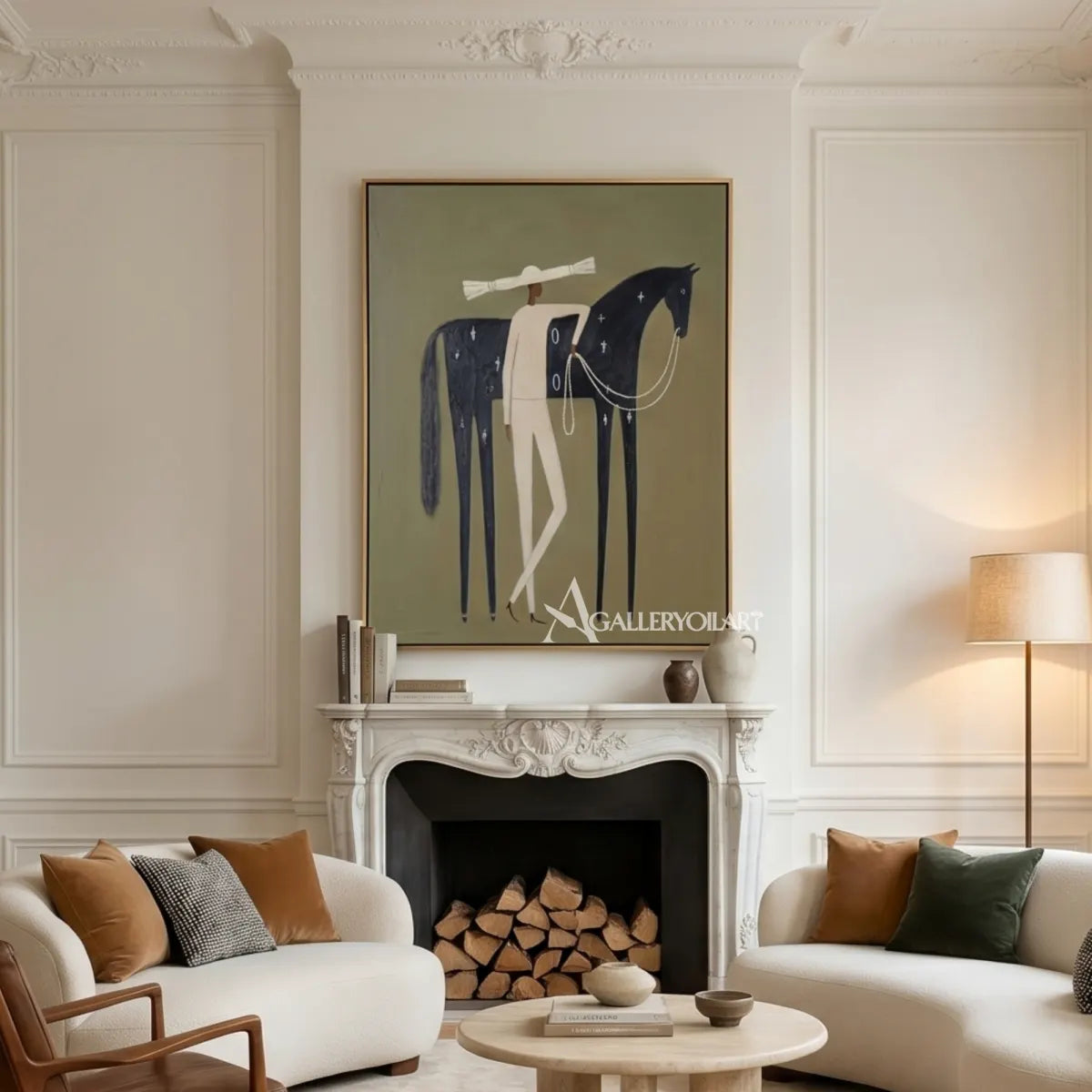 a rider leading a dark horse beneath a broad hat in green and ivory western cowboy art wall art in a console room setting