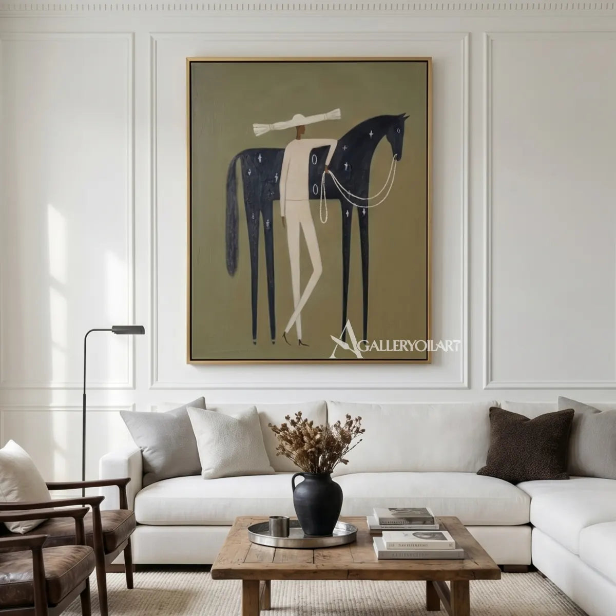 a rider leading a dark horse beneath a broad hat in green and ivory western cowboy art wall art in a gallery wall setting