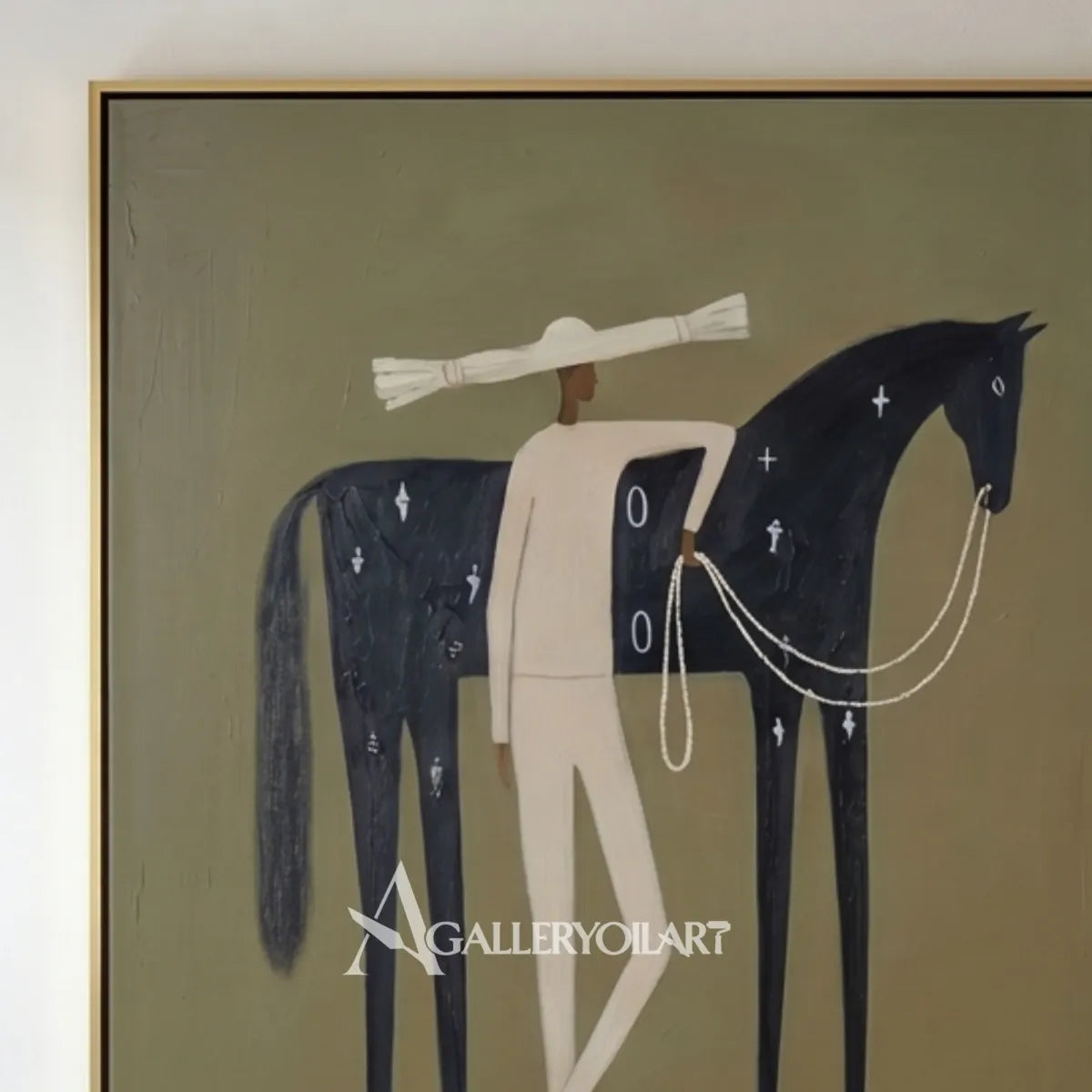 a rider leading a dark horse beneath a broad hat in green and ivory western cowboy art wall art in a living room setting