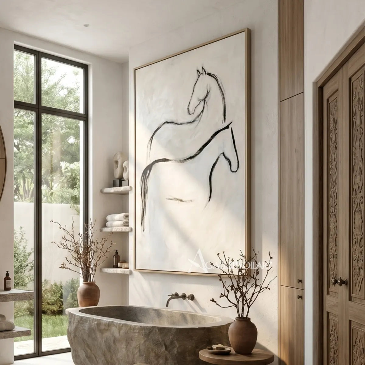 Line-drawn-horse-animal-art-in-beige-in-a-bright-bathroom