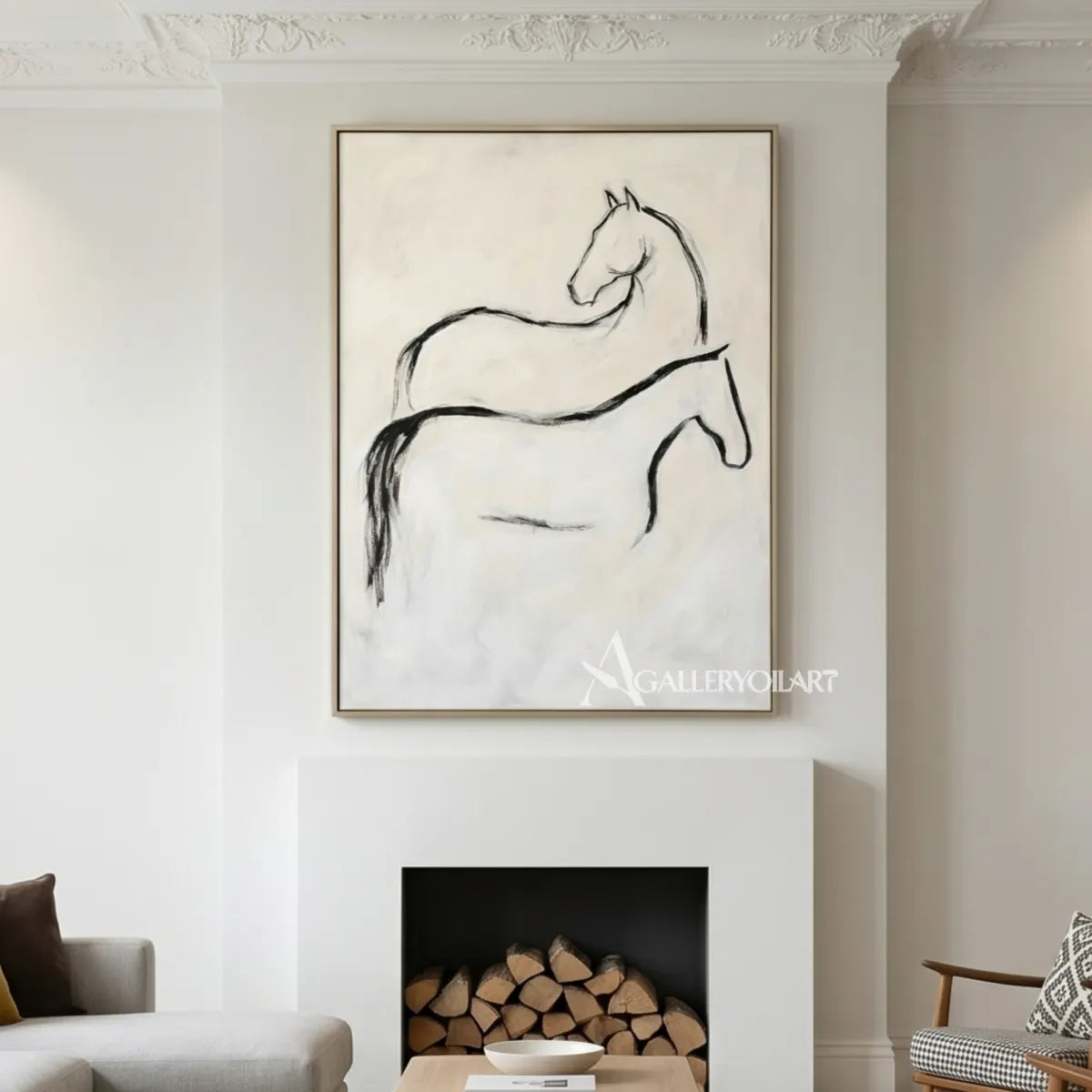 Line-drawn-horse-animal-art-in-beige-above-a-fireplace