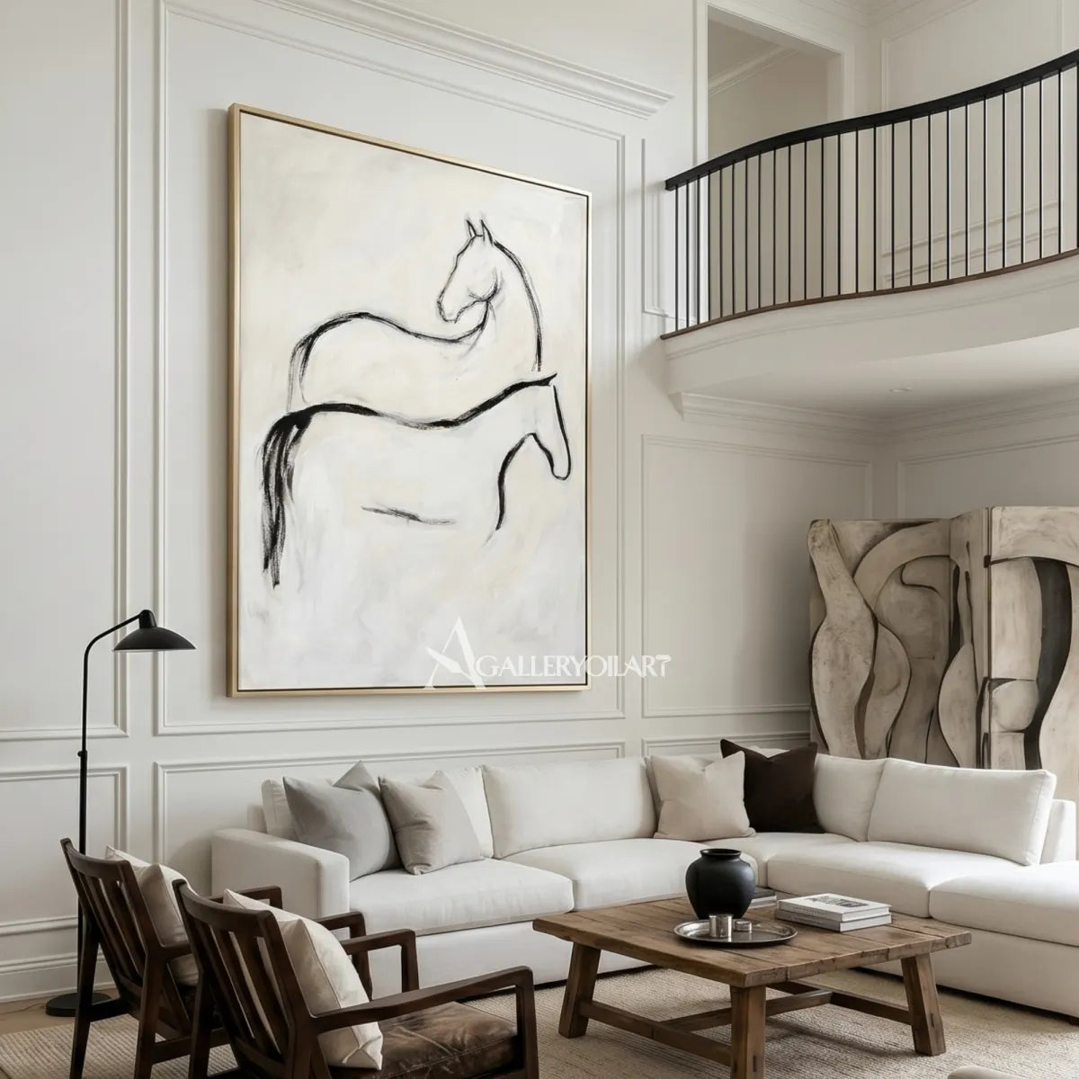 Line-drawn-horse-animal-art-in-beige-above-a-living-room-sofa