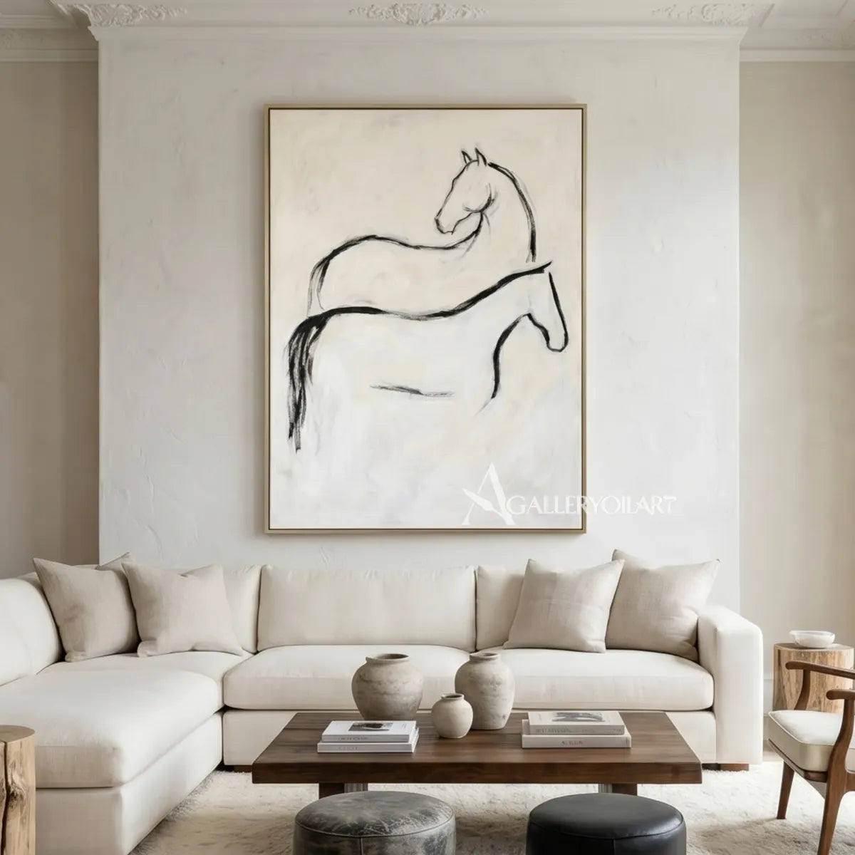 Line-drawn-horse-animal-art-in-beige-above-a-neutral-sectional