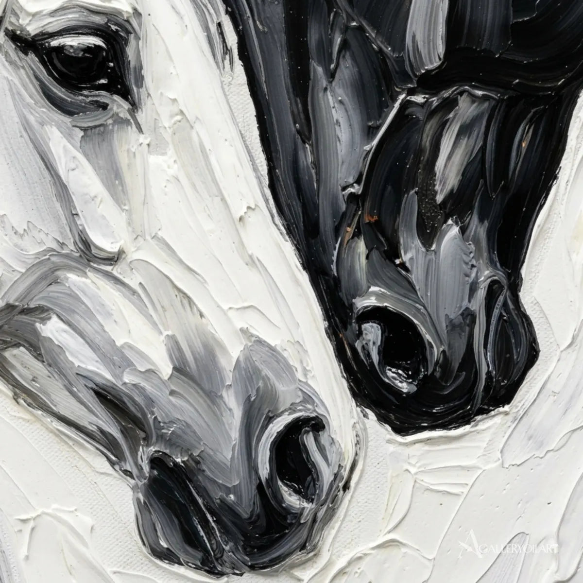 Close-up-of-animal-art-showing-black-and-white-horse-faces-in-raised-brushstrokes