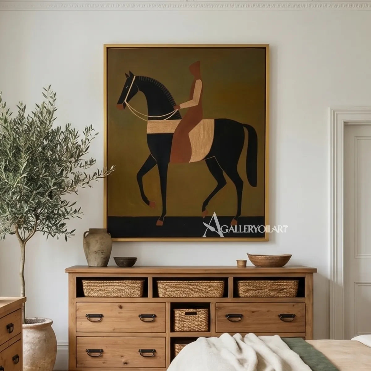 Stylized horse and rider in brown and black western cowboy wall art in a dining room
