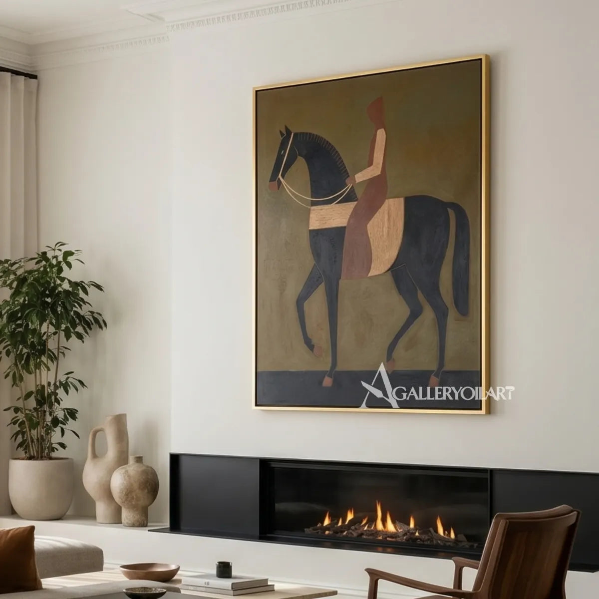 Stylized horse and rider in brown and black western cowboy wall art in an entryway