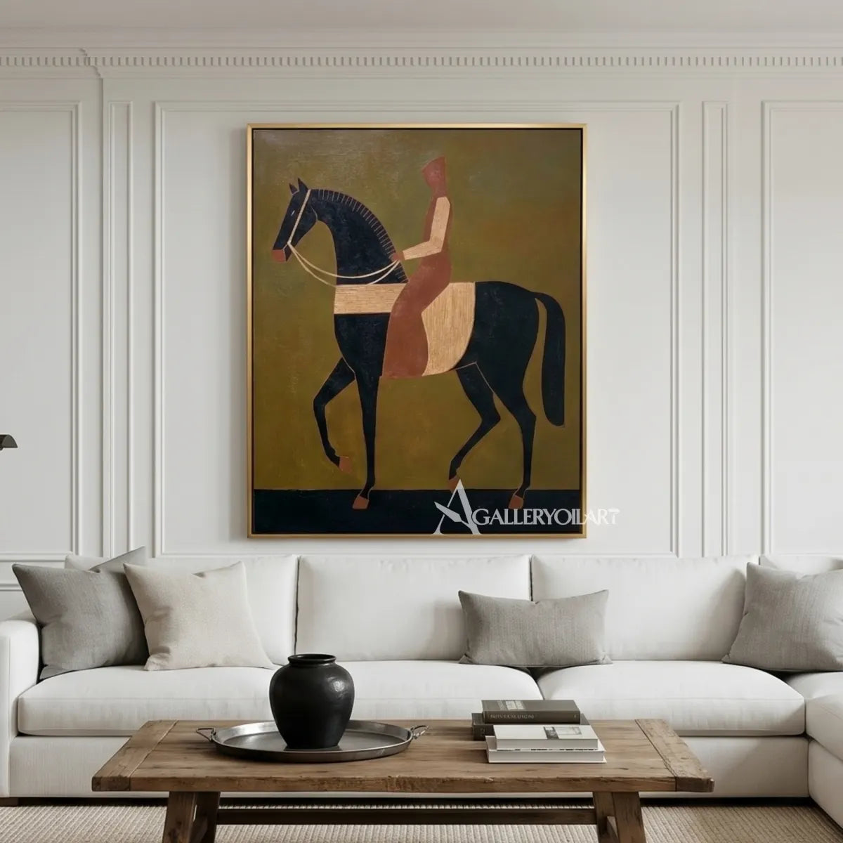 Stylized horse and rider in brown and black western cowboy wall art in a curated interior