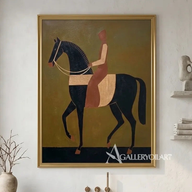 Stylized horse and rider in brown and black western cowboy wall art in a bathroom interior