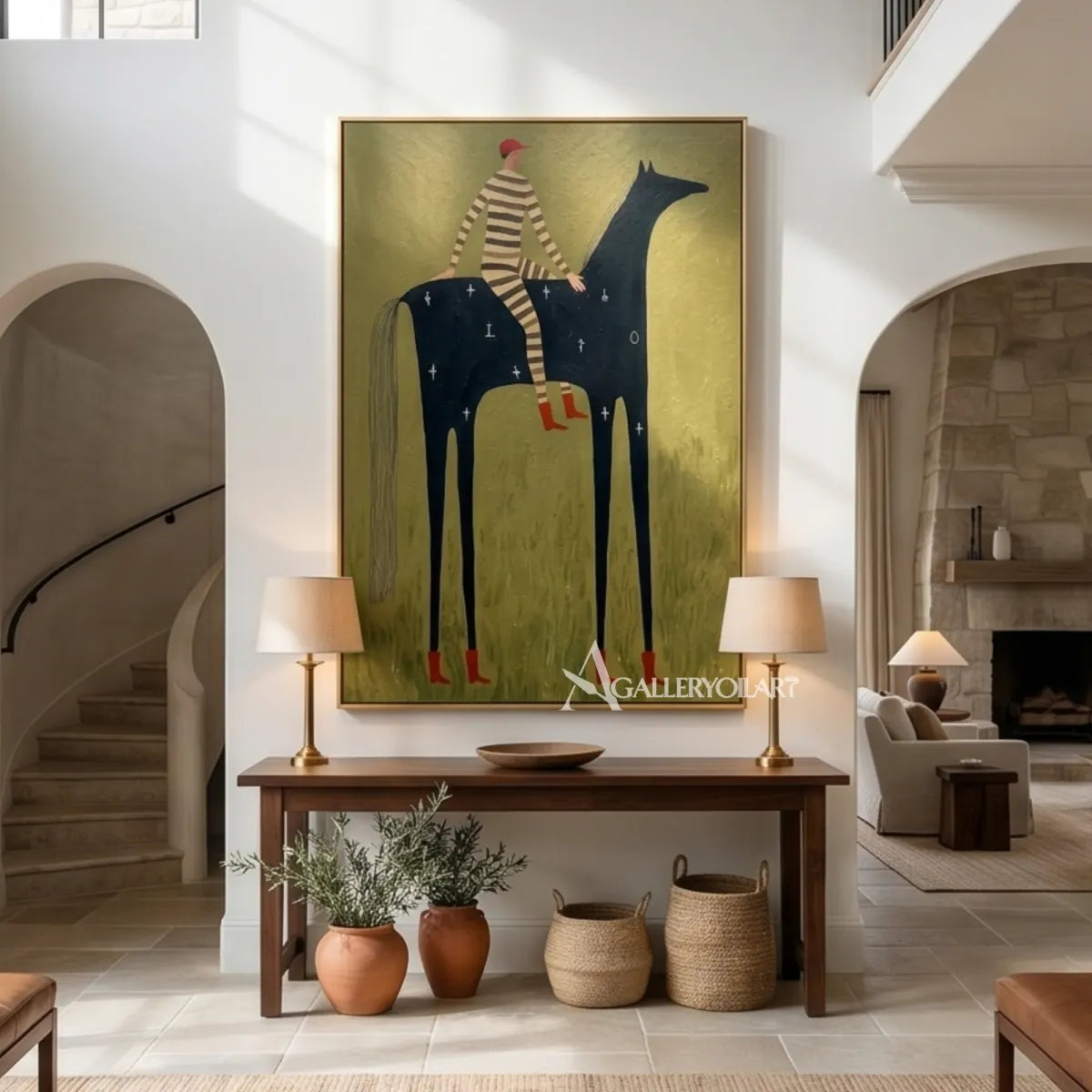 western-cowboy-art-painting-of-a-striped-rider-on-a-tall-black-horse-against-an-olive-green-field-above-a-console