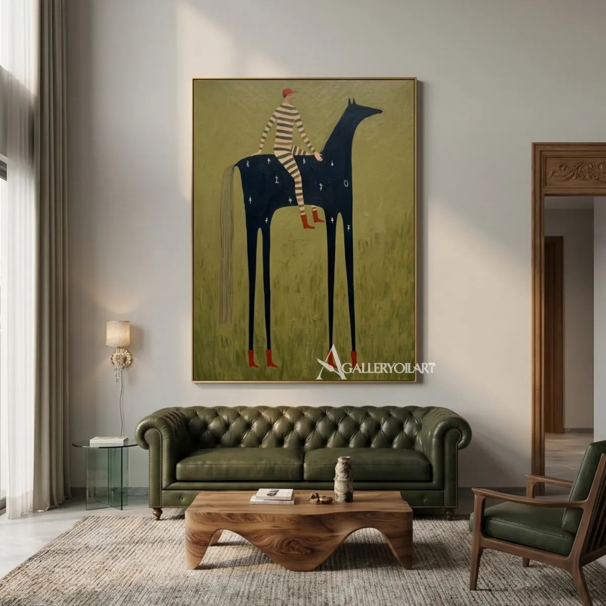 western-cowboy-art-painting-of-a-striped-rider-on-a-tall-black-horse-against-an-olive-green-field-in-a-dark-lounge