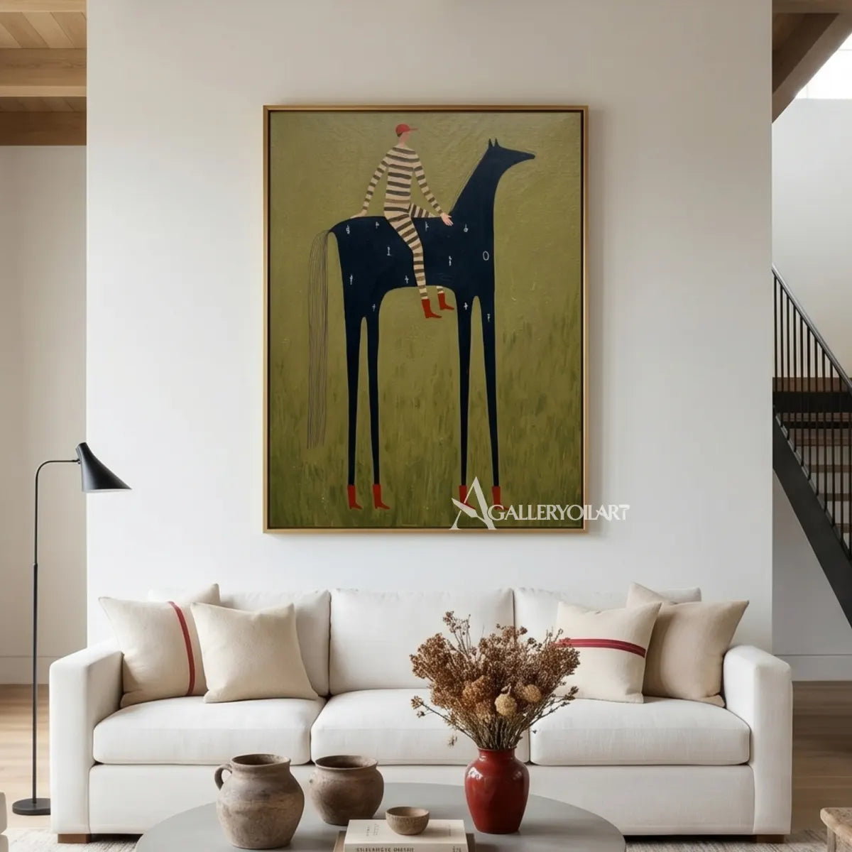 western-cowboy-art-painting-of-a-striped-rider-on-a-tall-black-horse-against-an-olive-green-field-in-a-living-room