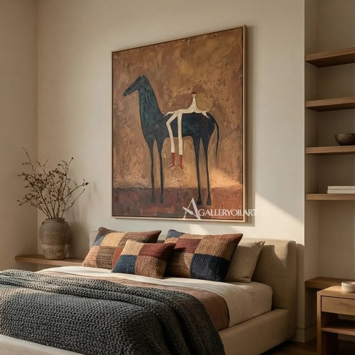 western-cowboy-art-painting-of-a-tall-black-horse-with-a-small-rider-against-a-rust-brown-field-in-a-bedroom