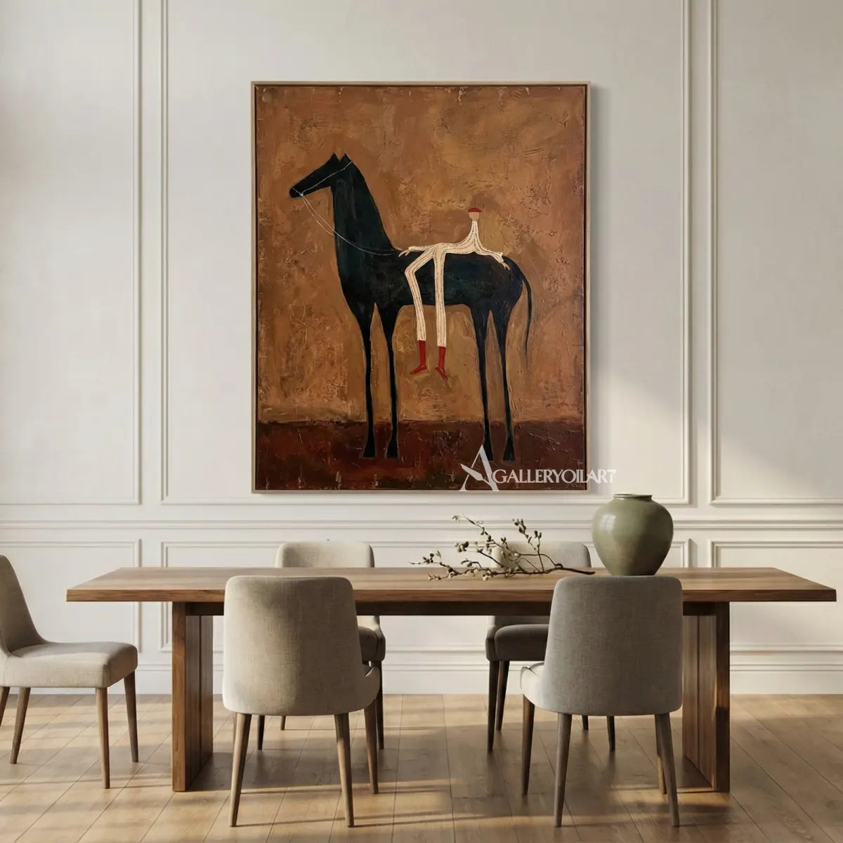 western-cowboy-art-painting-of-a-tall-black-horse-with-a-small-rider-against-a-rust-brown-field-in-a-dining-area