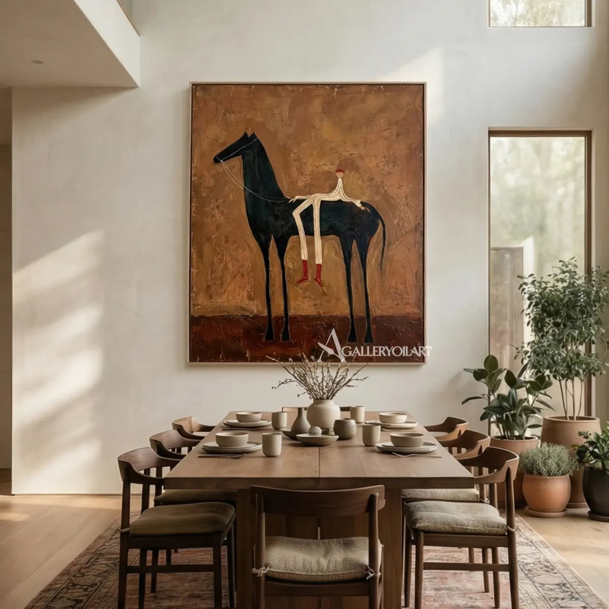 western-cowboy-art-painting-of-a-tall-black-horse-with-a-small-rider-against-a-rust-brown-field-in-a-dining-room