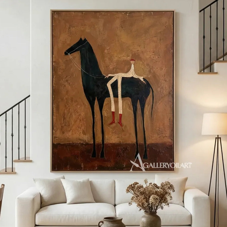 western-cowboy-art-painting-of-a-tall-black-horse-with-a-small-rider-against-a-rust-brown-field-in-a-modern-lounge