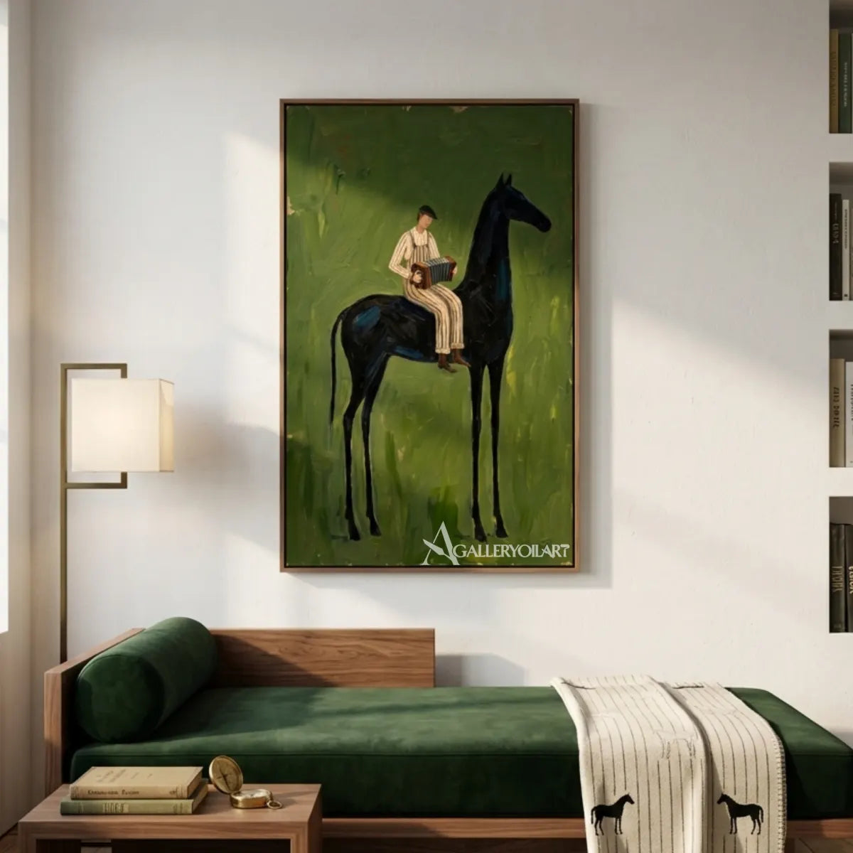 western-cowboy-art-painting-of-a-seated-accordion-player-on-a-black-horse-against-a-green-field-in-a-bedroom