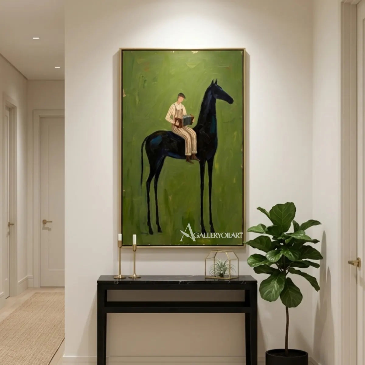 western-cowboy-art-painting-of-a-seated-accordion-player-on-a-black-horse-against-a-green-field-above-a-hallway-console