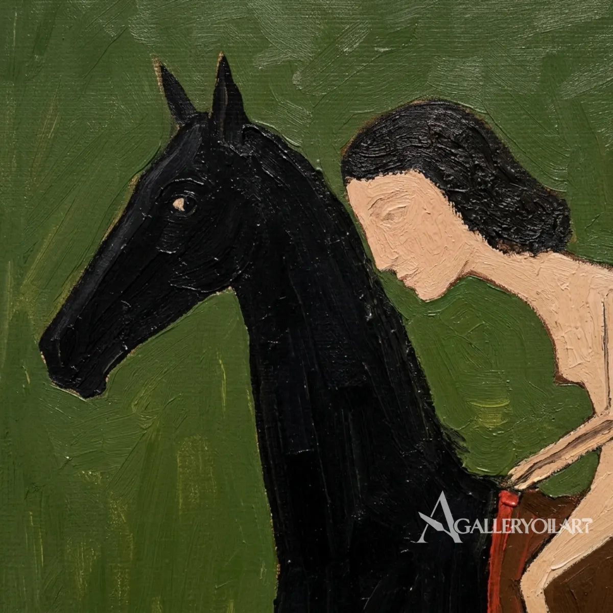 western-cowboy-art-close-up-of-a-woman-riding-a-black-horse-against-green