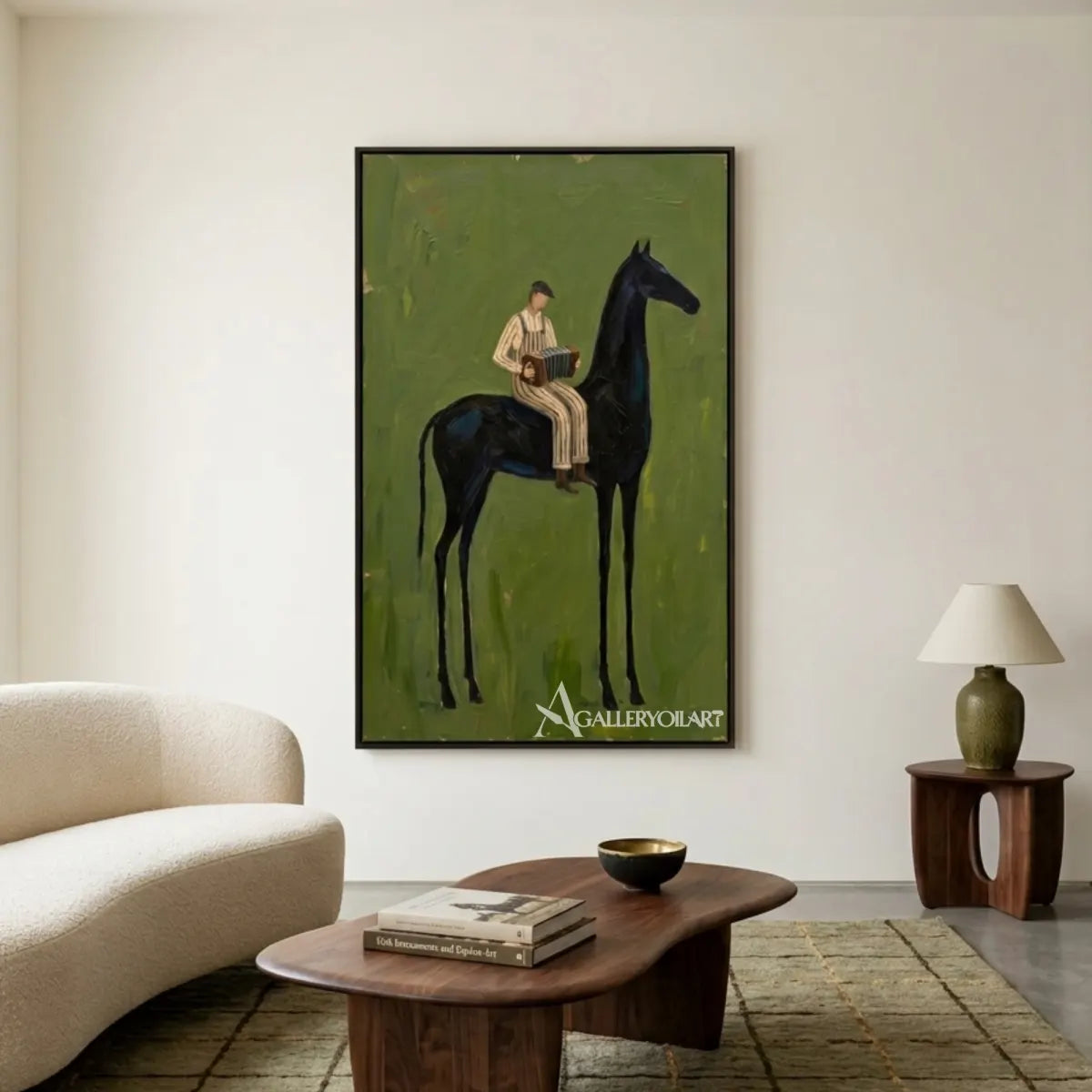 western-cowboy-art-painting-of-a-seated-accordion-player-on-a-black-horse-against-a-green-field-in-a-seating-area