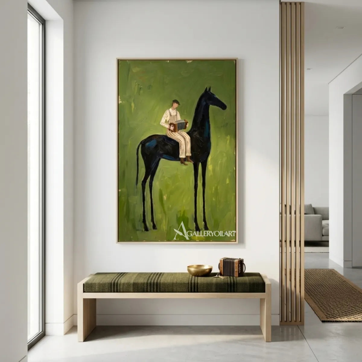 western-cowboy-art-painting-of-a-seated-accordion-player-on-a-black-horse-against-a-green-field-in-a-sunlit-lounge