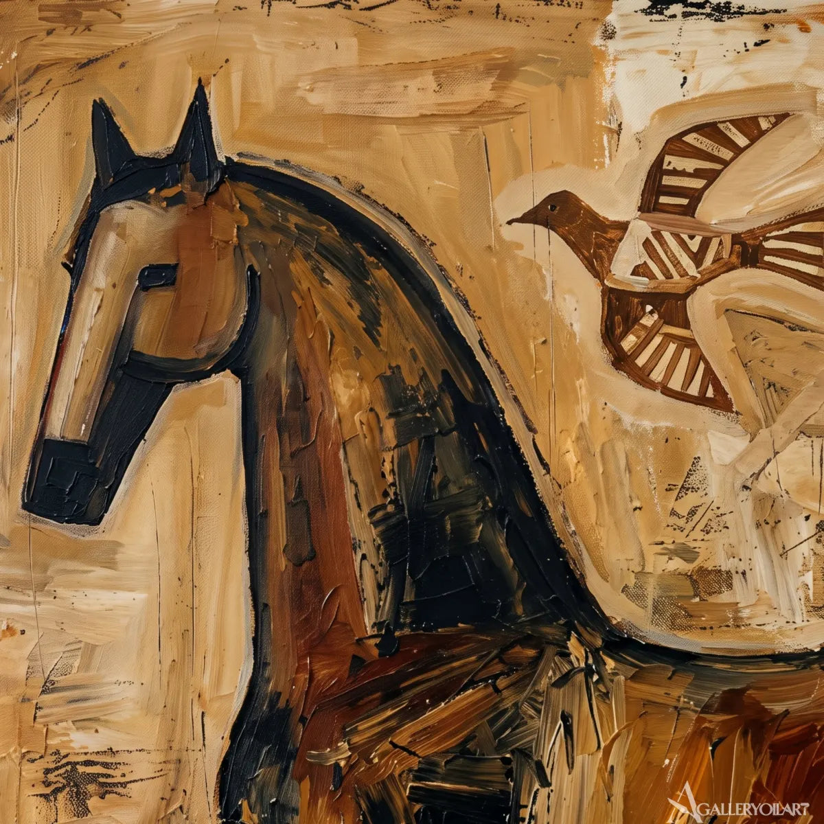 horse with soaring bird-animal-art-brown-wall-art-in-close-up-detail