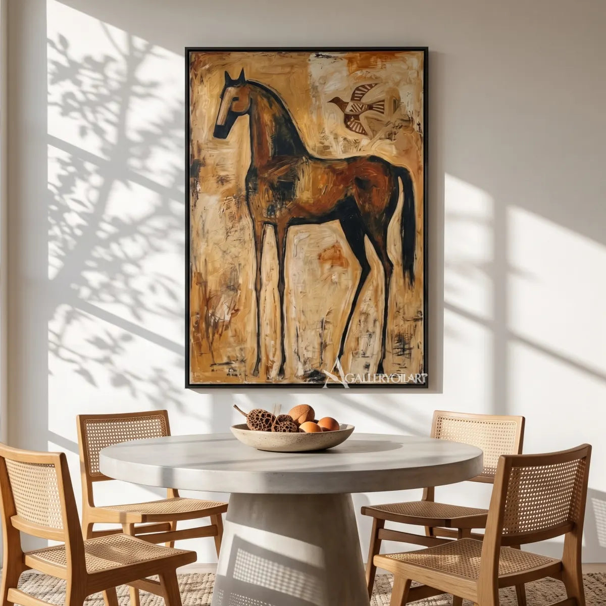 horse with soaring bird-animal-art-brown-wall-art-in-dining-space