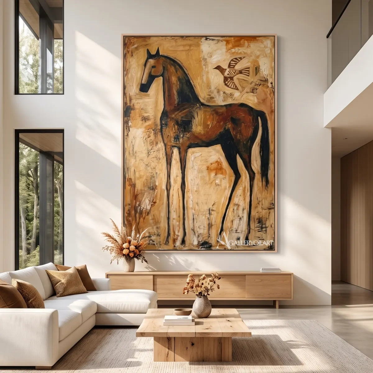 horse with soaring bird-animal-art-brown-wall-art-in-living-room