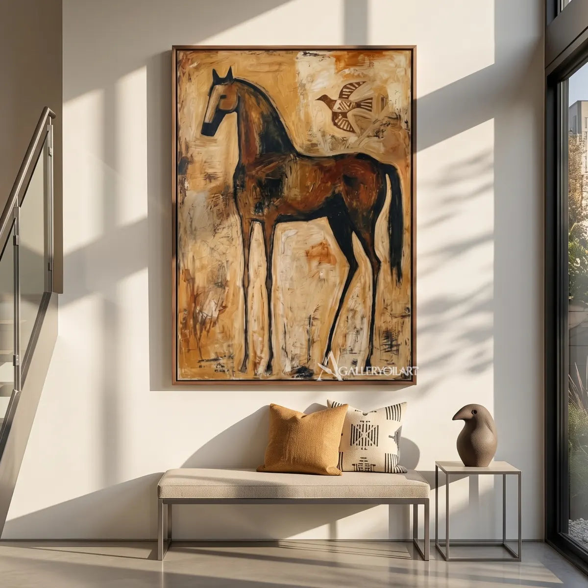 horse with soaring bird-animal-art-brown-wall-art-in-minimalist-gallery